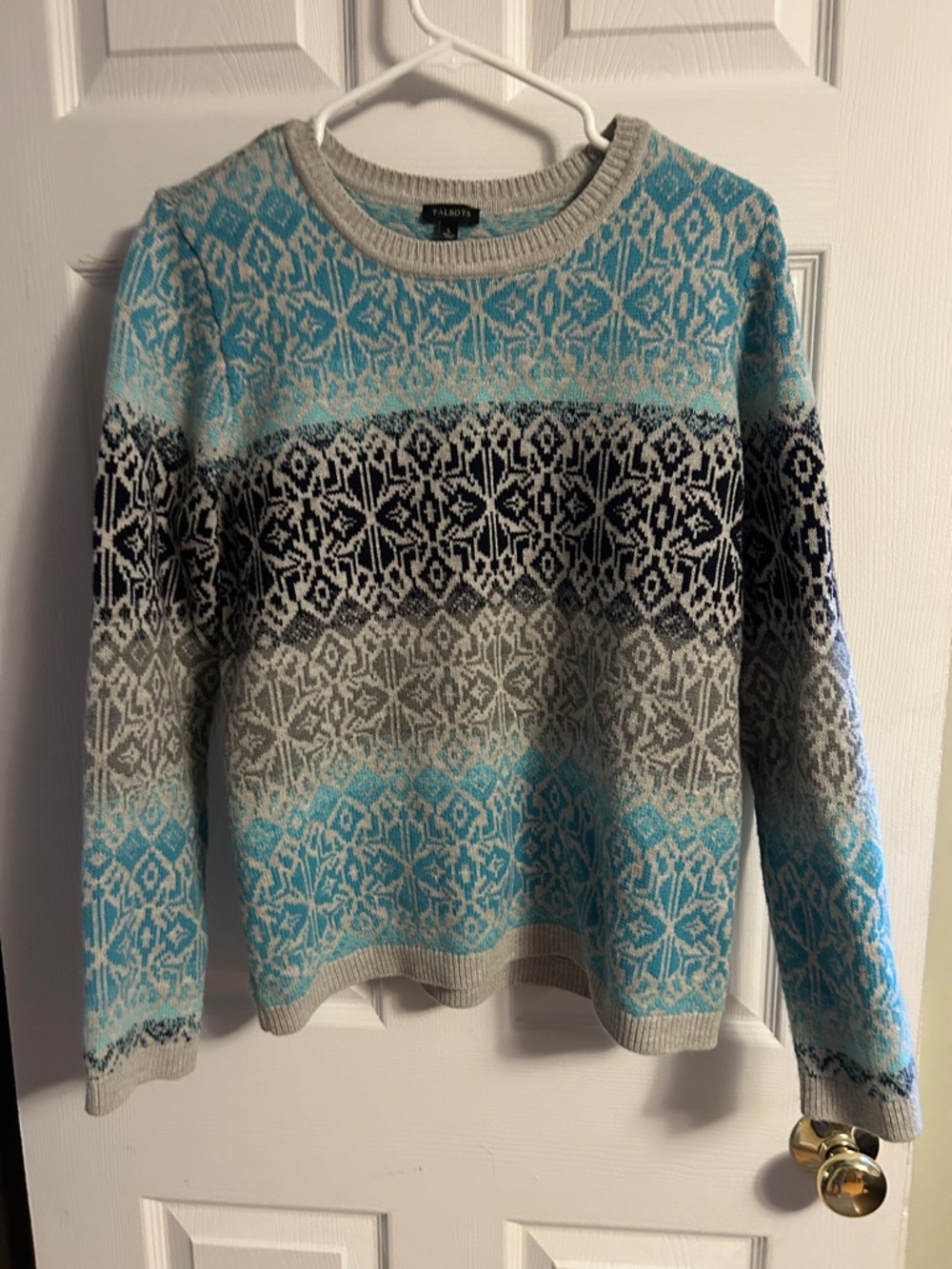 Talbots Aqua and Gray Fair Isle Crewneck Sweater